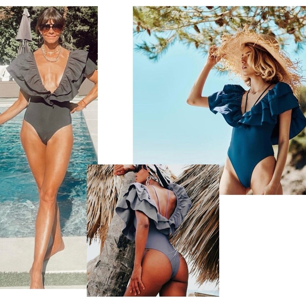 Zara black ruffle frill shoulder deep V one piece swimsuit bathing suit S NWOT